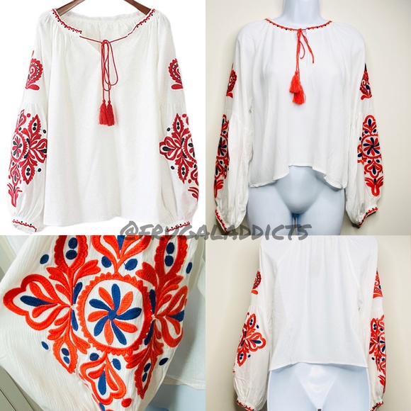 White / Red Embroidered Bohemian Smock Top with Tassel - Picture 3 of 6